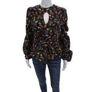 Hellessy Women Silk Floral Round Neck Long Sleeve Blouse Black Zip Size 2